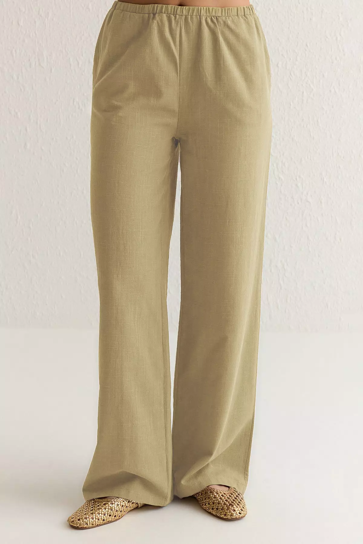 Yellow Bow Linen Look Blouse with Wide Leg Trousers Woven Double Bottom-Top Set TWOSS25AU00034