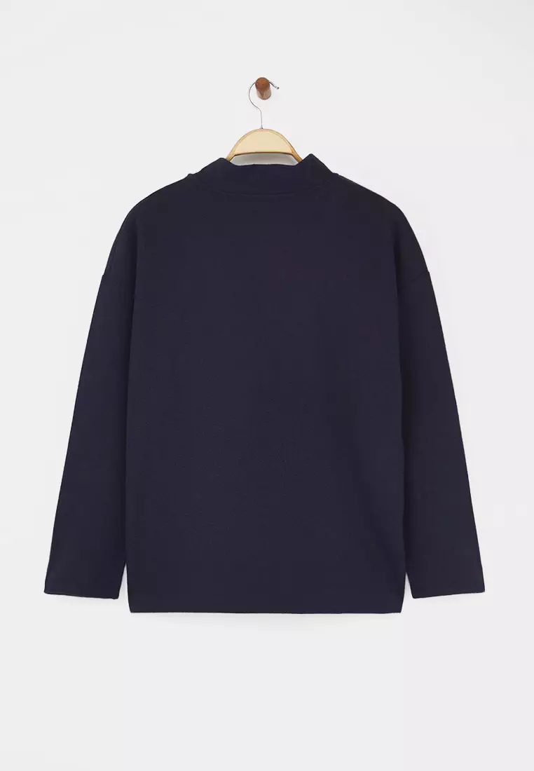 Navy Blue Selanik/Knitwear Look Zippered Collar Regular/Normal Pattern Knitted Sweatshirt