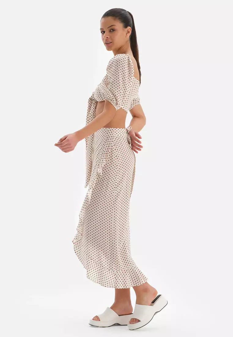 Ecru Retro Skirt, Polka dot Printed, Beachwear for Women