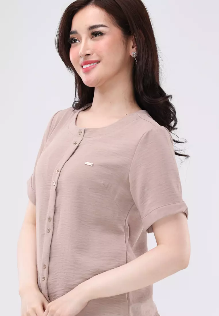 Linen Wrinkles Short Sleeves Round Neck Blouse
