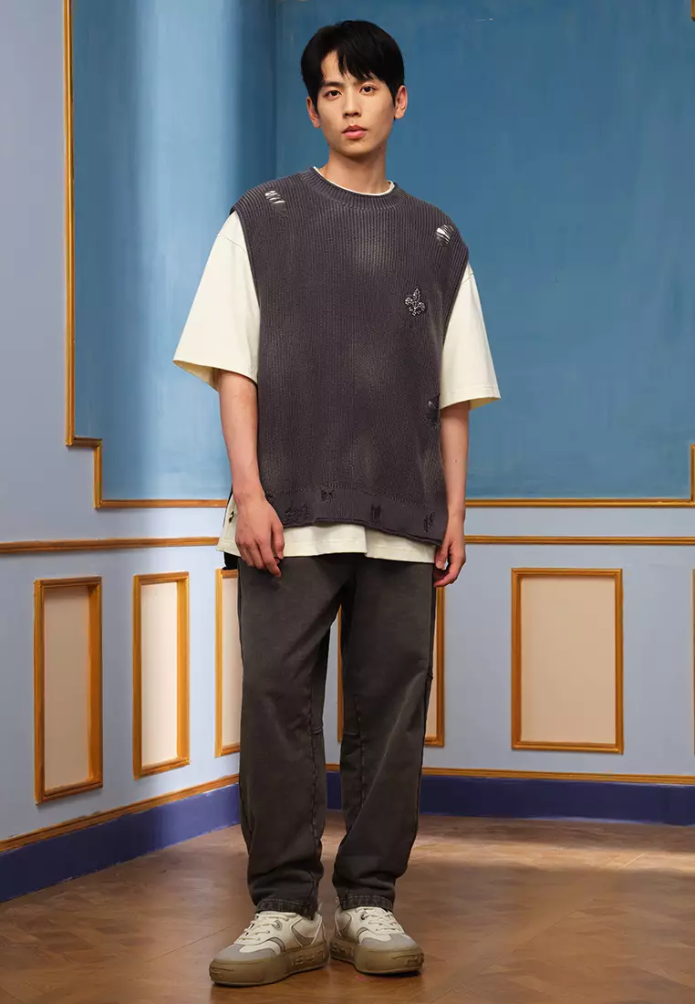 男裝鳶尾花 LOGO 破洞全棉針織毛衣背心