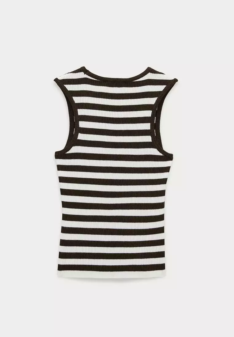 Striped Scoop Neck Knit Tank Top - Brown