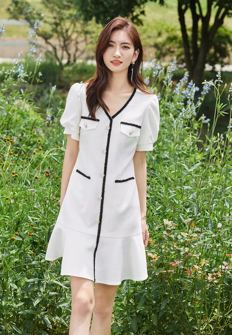 Puff Sleeve V-Neck Button Down Knitted Dress