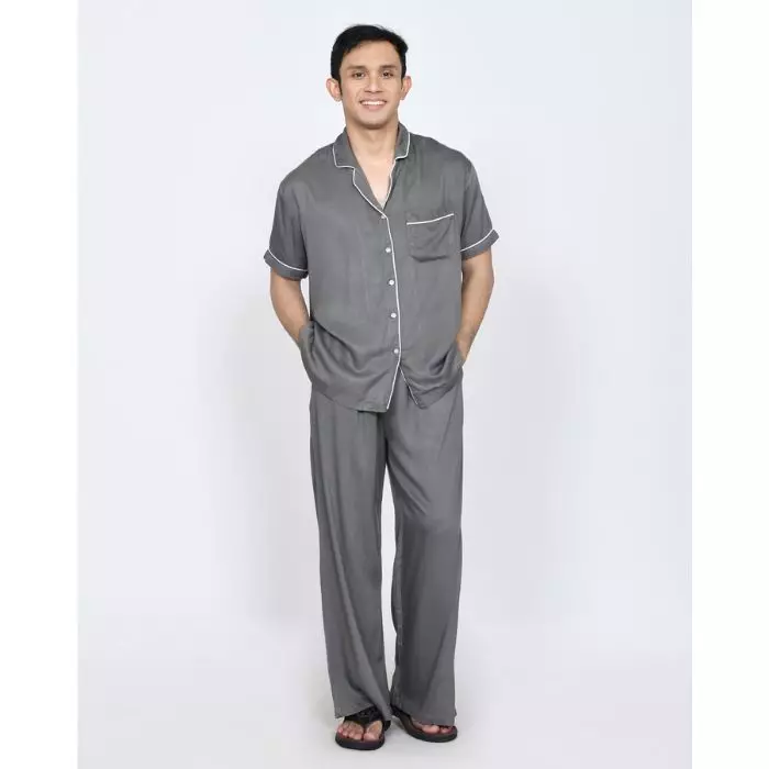 S/S COUPLE PIYAMA COTTON TENCEL Setelan Baju Tidur Pria Wanita ABU ABU