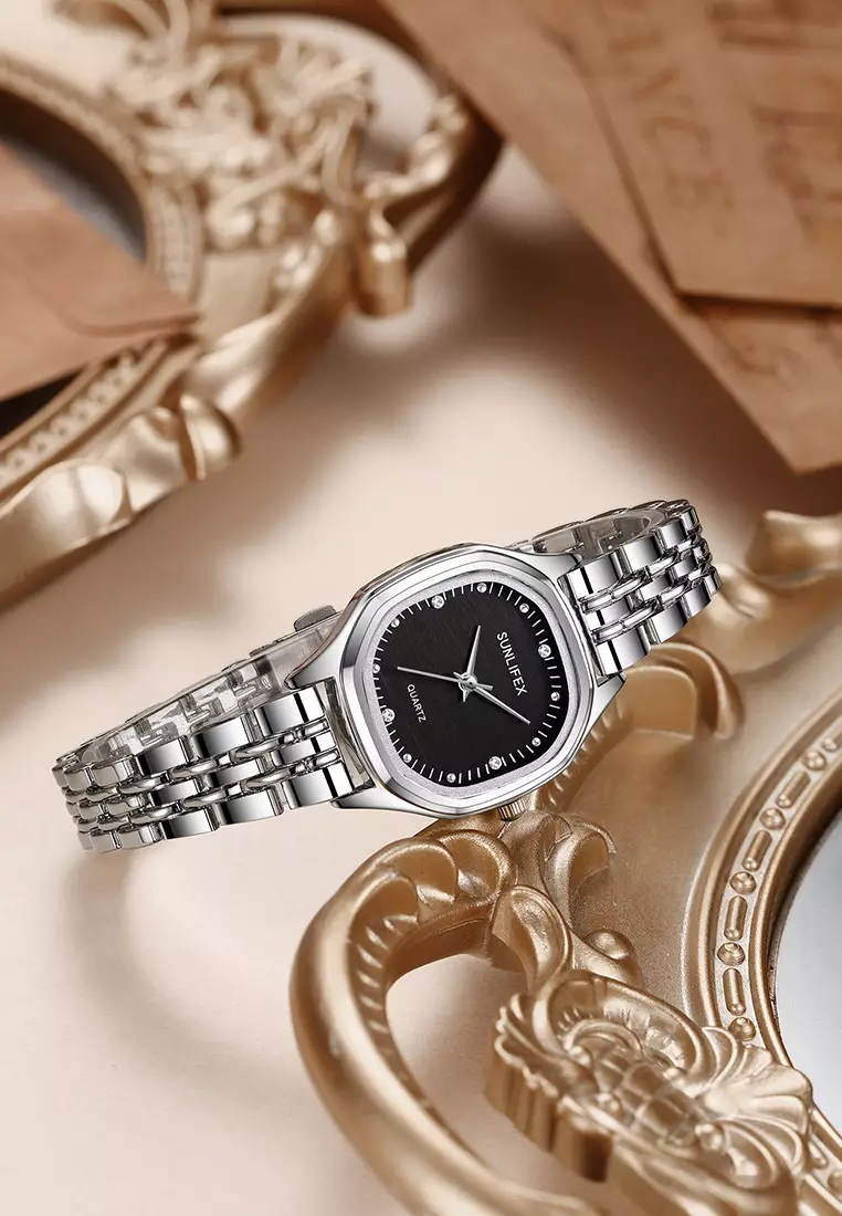 Jam Tangan Wanita 6015 Kecil Elegan Simpel Analog Korea Jam Tangan Cewek Original  silverblack