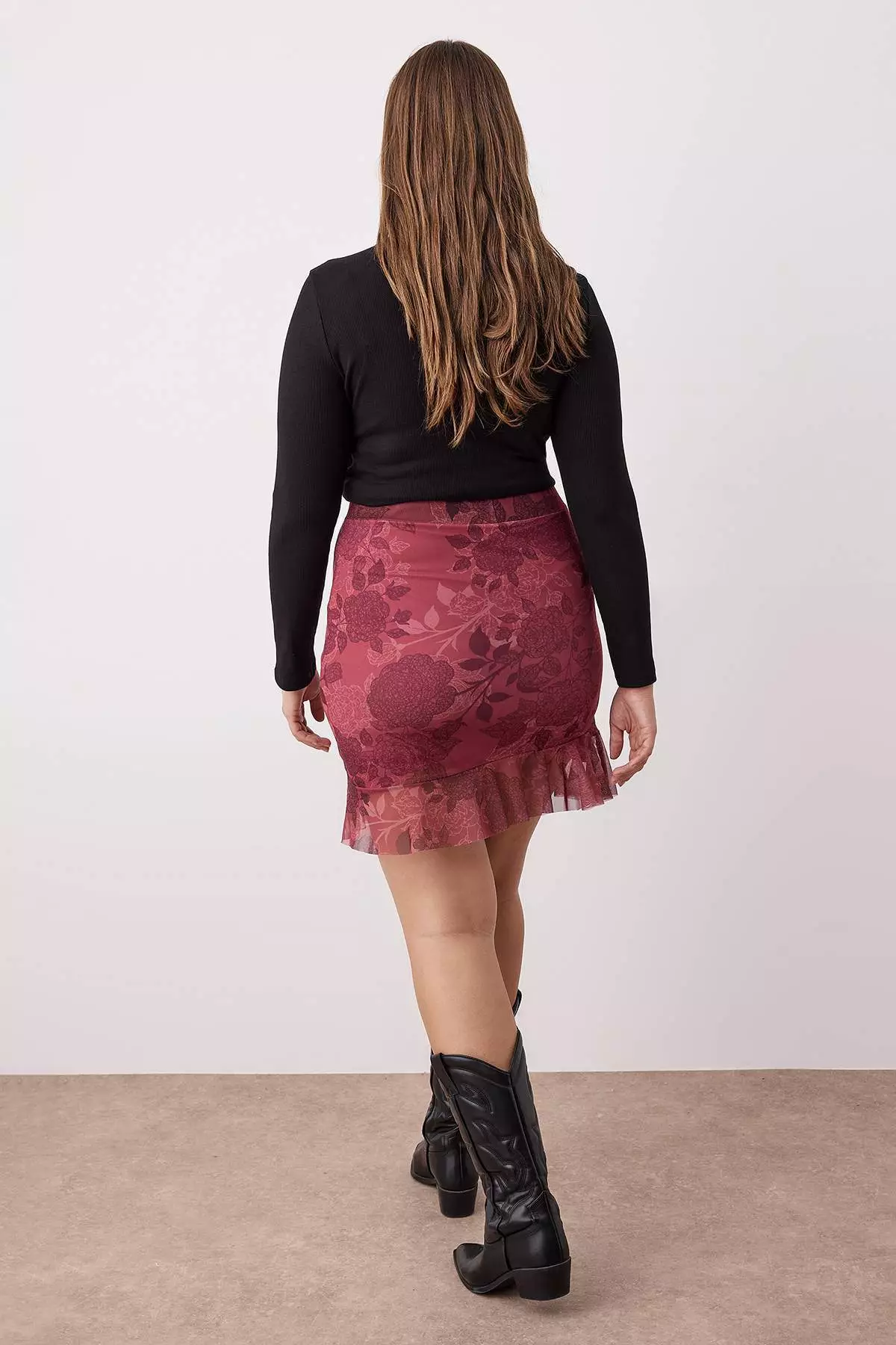 Burgundy Floral Mini Knitted Plus Size Skirt