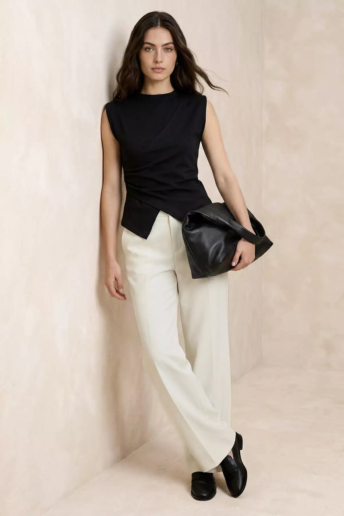 Black Fitted/Bodycon Sleeveless Asymmetrical Cotton Stretchy Knitted Blouse Twoss26Bz81