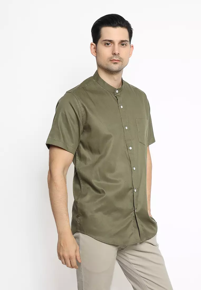 MAGINOT Kemeja Pria KOKO Basic Polos Lengan Pendek DARK OLIVE