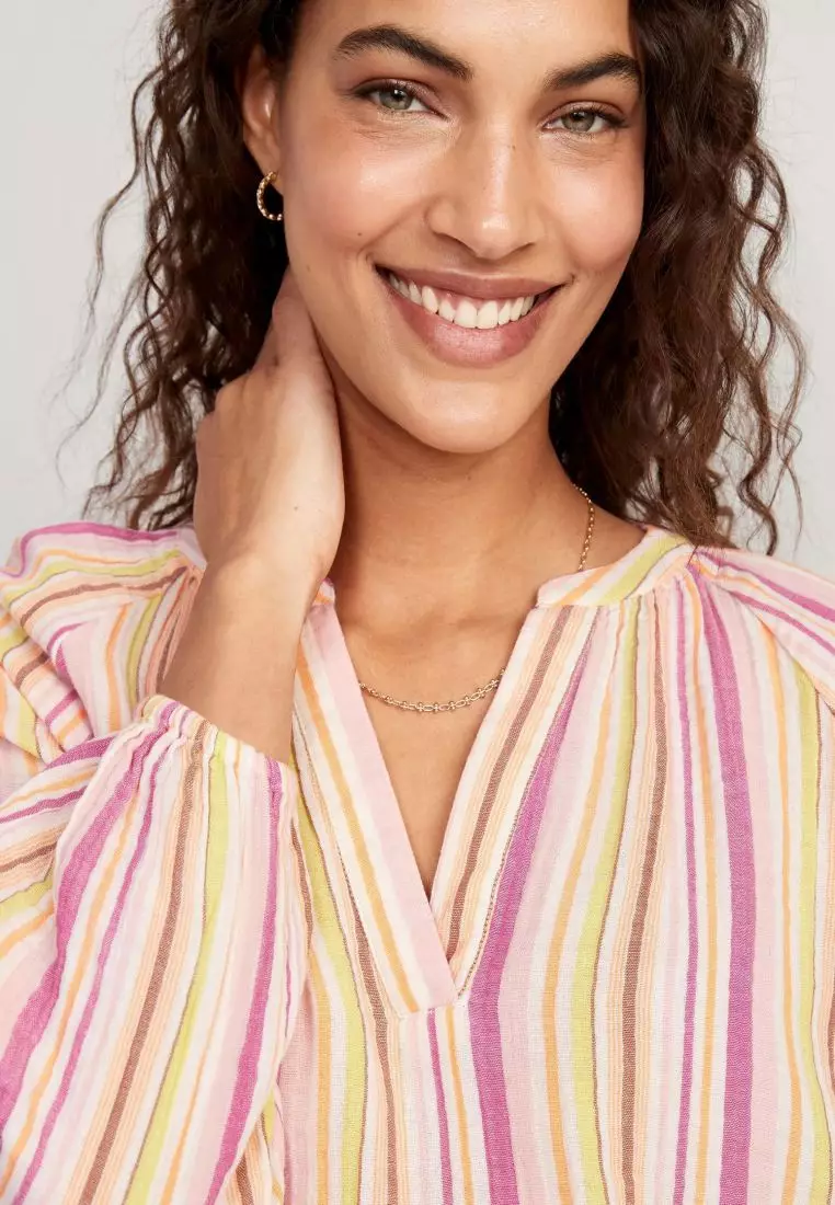 Long-Sleeve Striped Split-Neck Top for Women