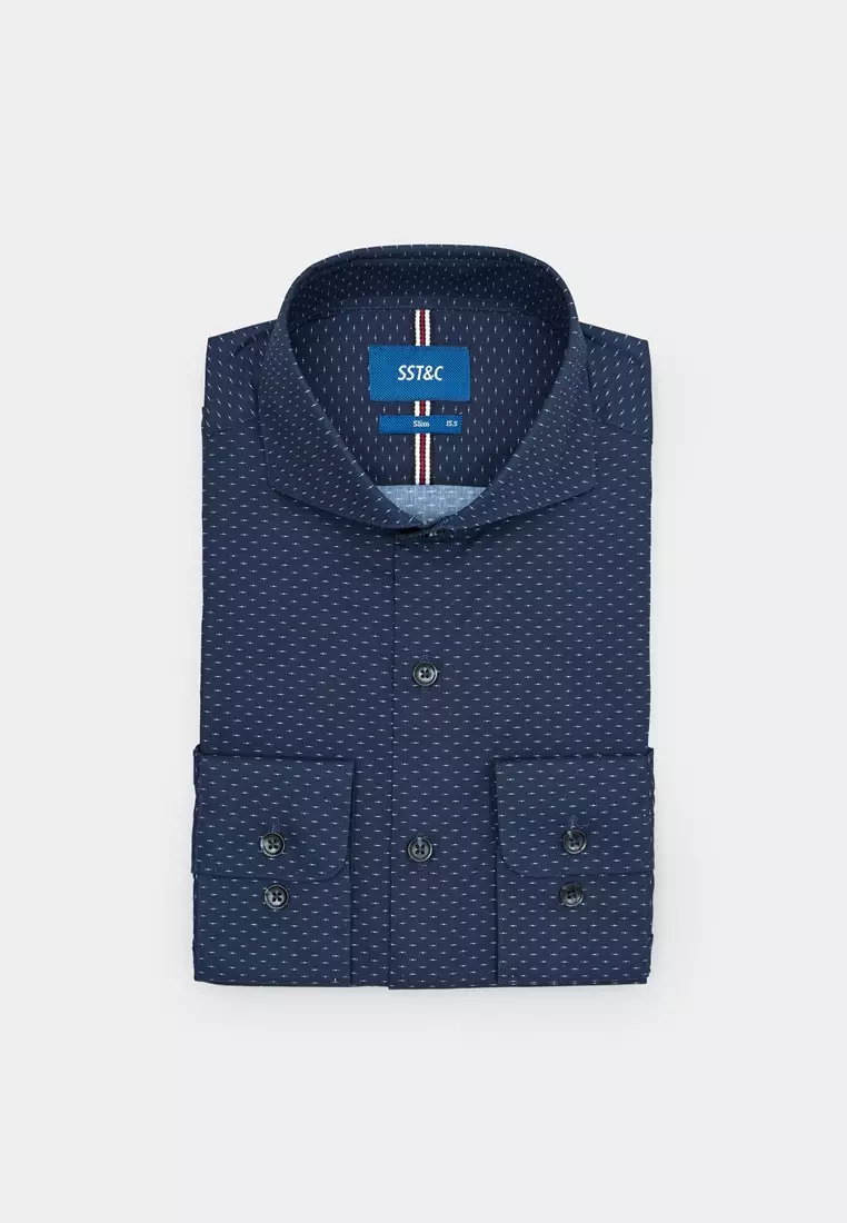 Navy Blue White Dot Print Slim Fit Shirt