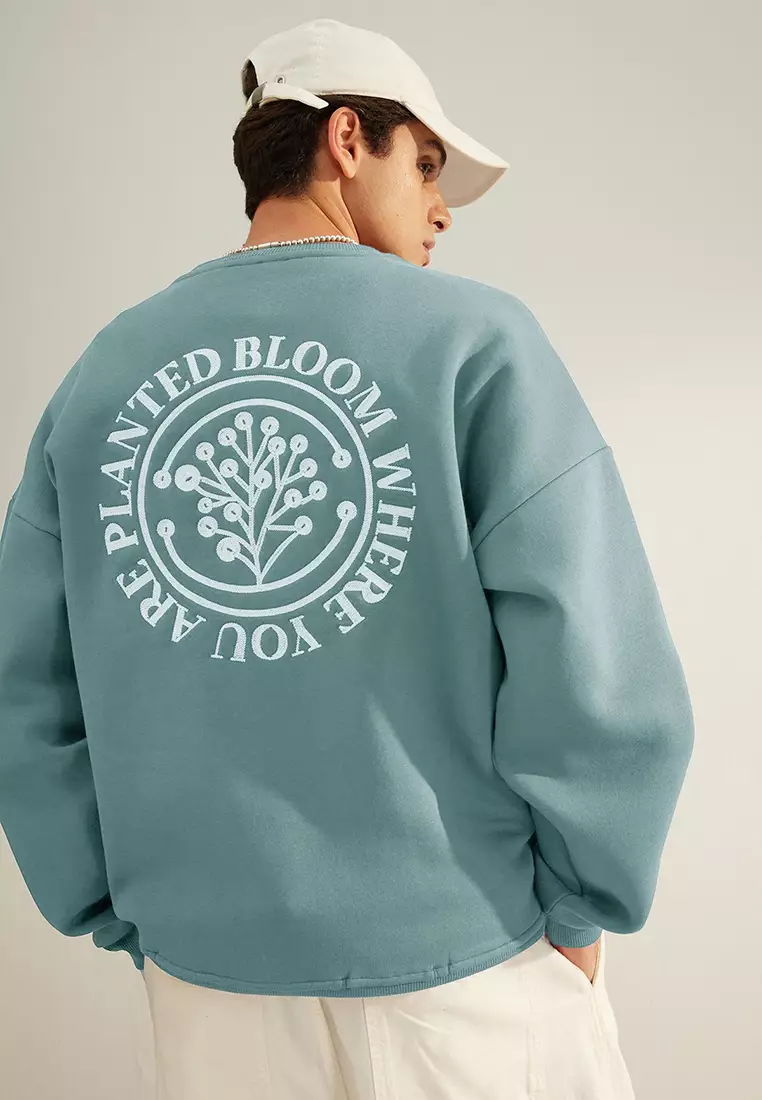 Mint Oversize/Wide Cut Floral Embroidered Fleece Lined Cotton Sweatshirt Tmnaw24Sw00012