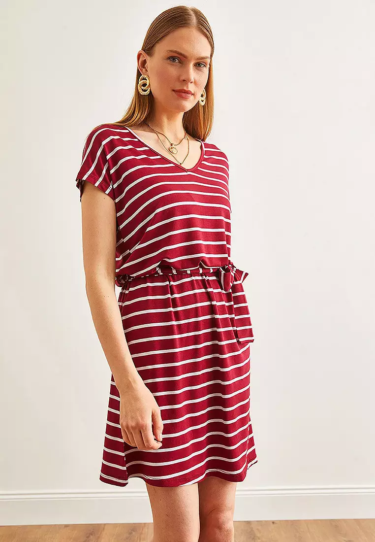 Belted V-Neck Casual Knitted Viscose Dress