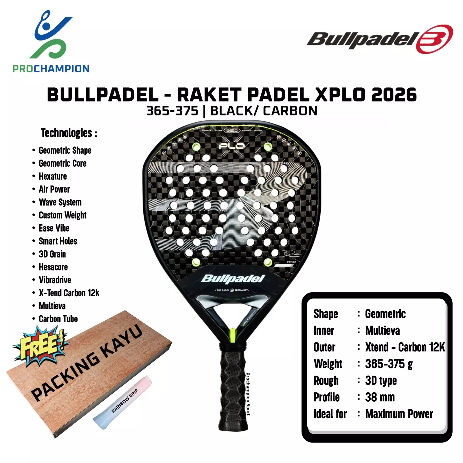 Raket Padel BULLPADEL Xplo 2026 365-375g Black Carbon