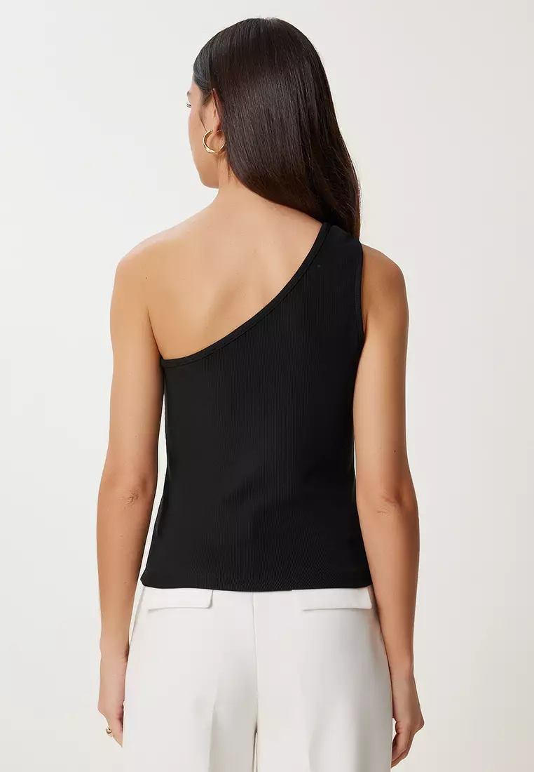Women's Black One Shoulder Ribbed Knitted Blouse Pb00044