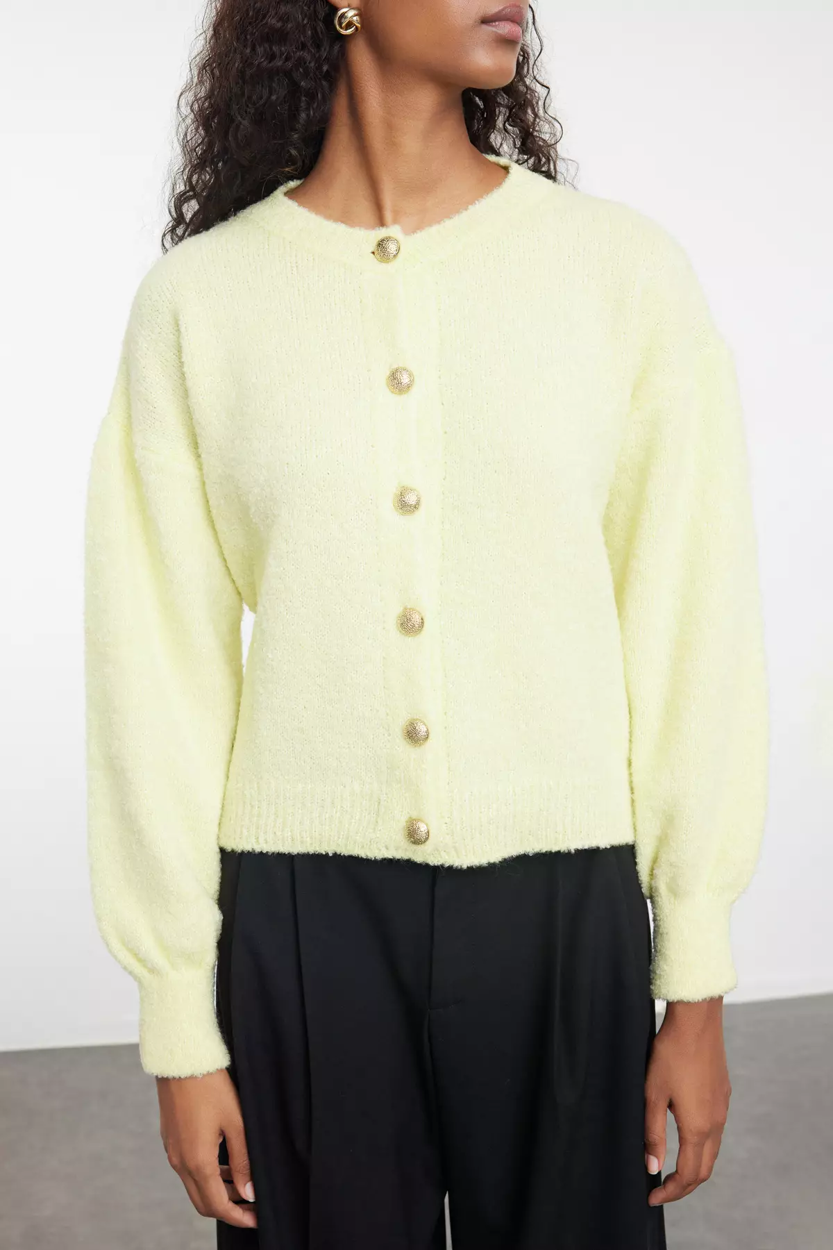 Yellow Boucle Jacket-Looking Knitwear Cardigan TWOAW25HI00147