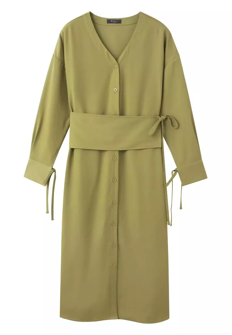 Wrinkle-Resistant Long Sleeve Maxi Dress with V-Neck and Button-Down Front [DA9989]