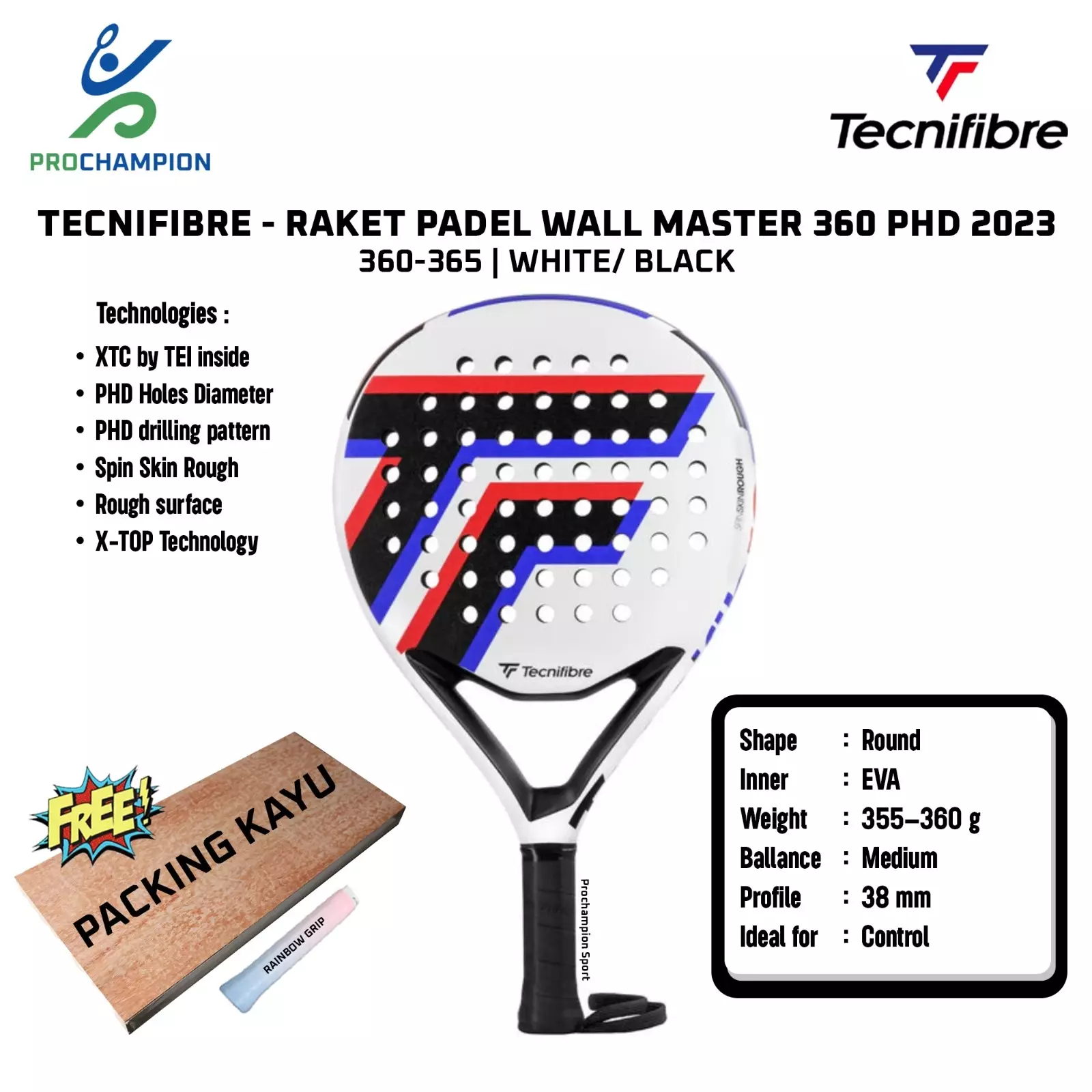 Raket Padel TECNIFIBRE Wall Master 360 PHD 360-365G White Black