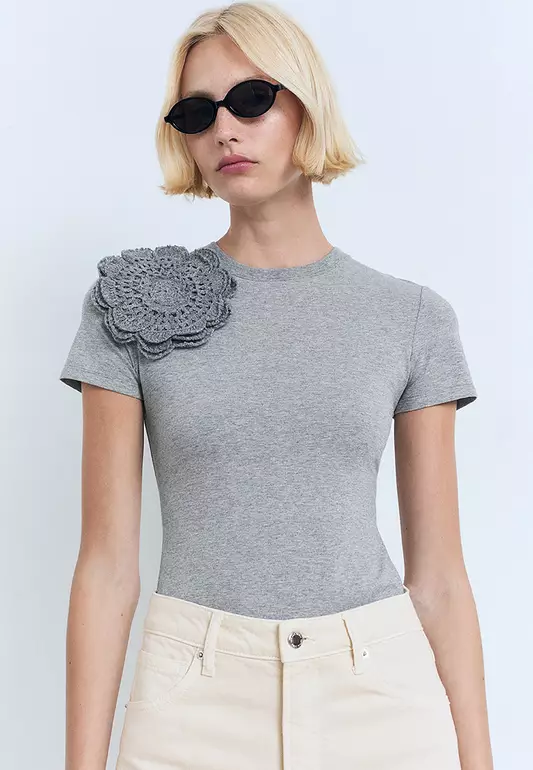 Crochet Cotton T-Shirt With Flower