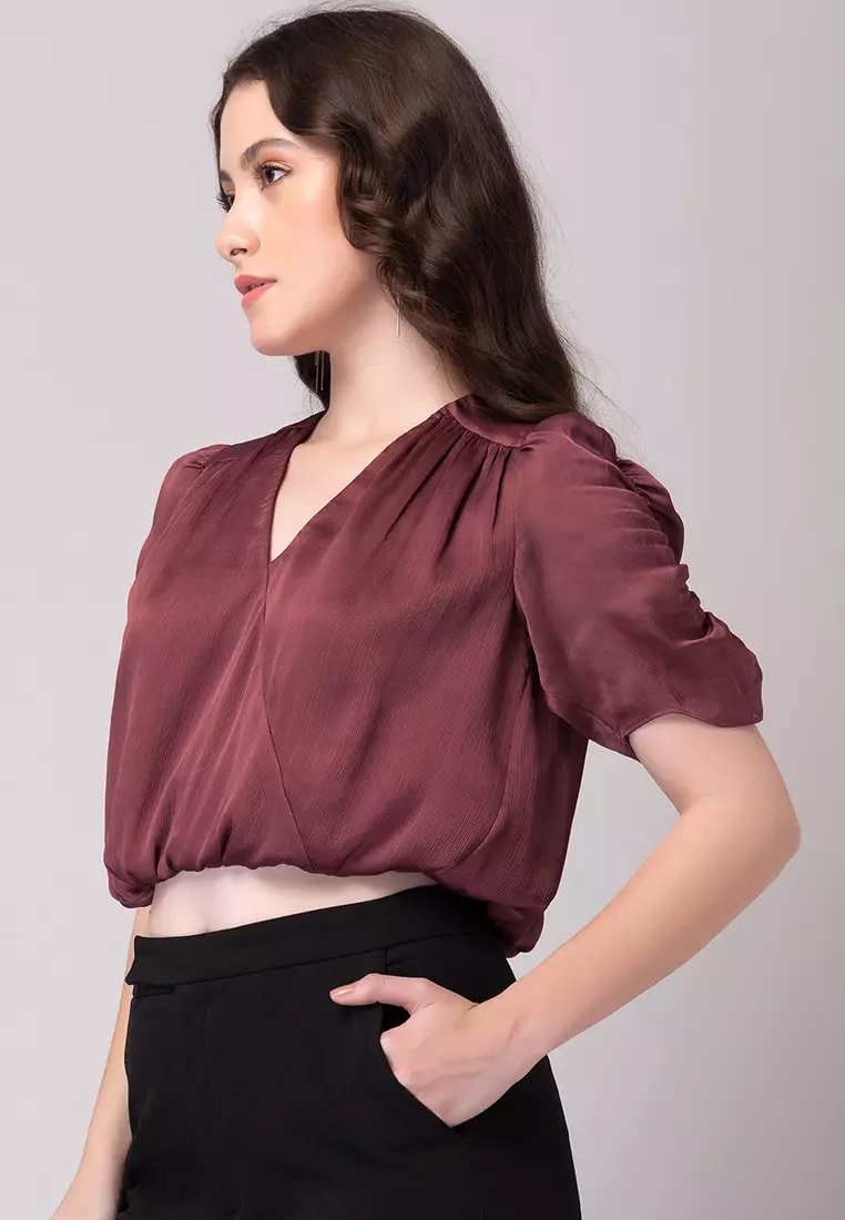 Red Ruched Sleeve Crop Top