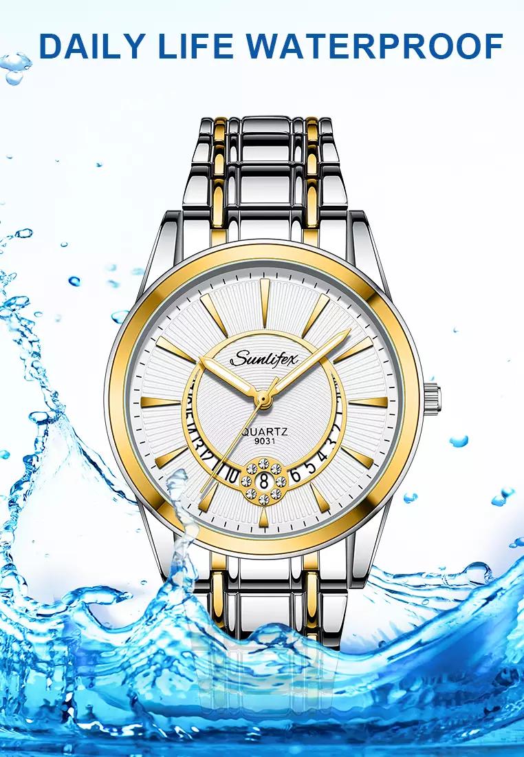 Jam Tangan Pria 9031 Original Luxury Stainless Steel Jam Tangan Cowok gold