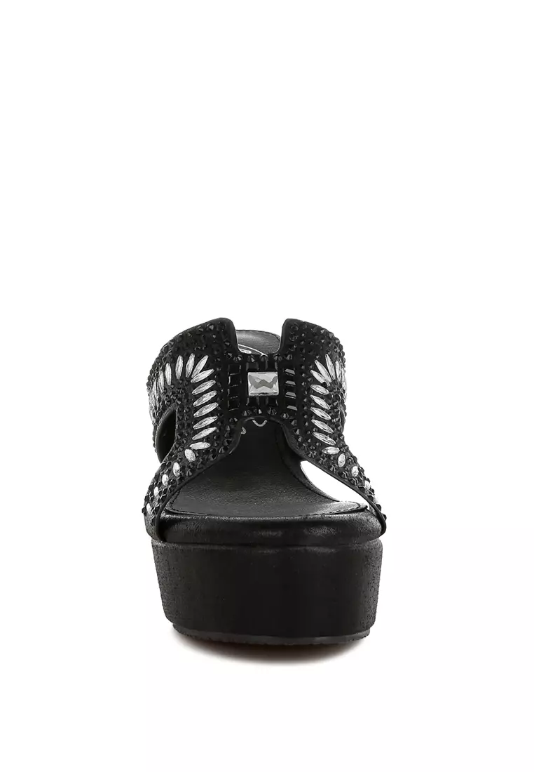 Diamante & Rhinestone Detail Cut-Out Sandals in Black