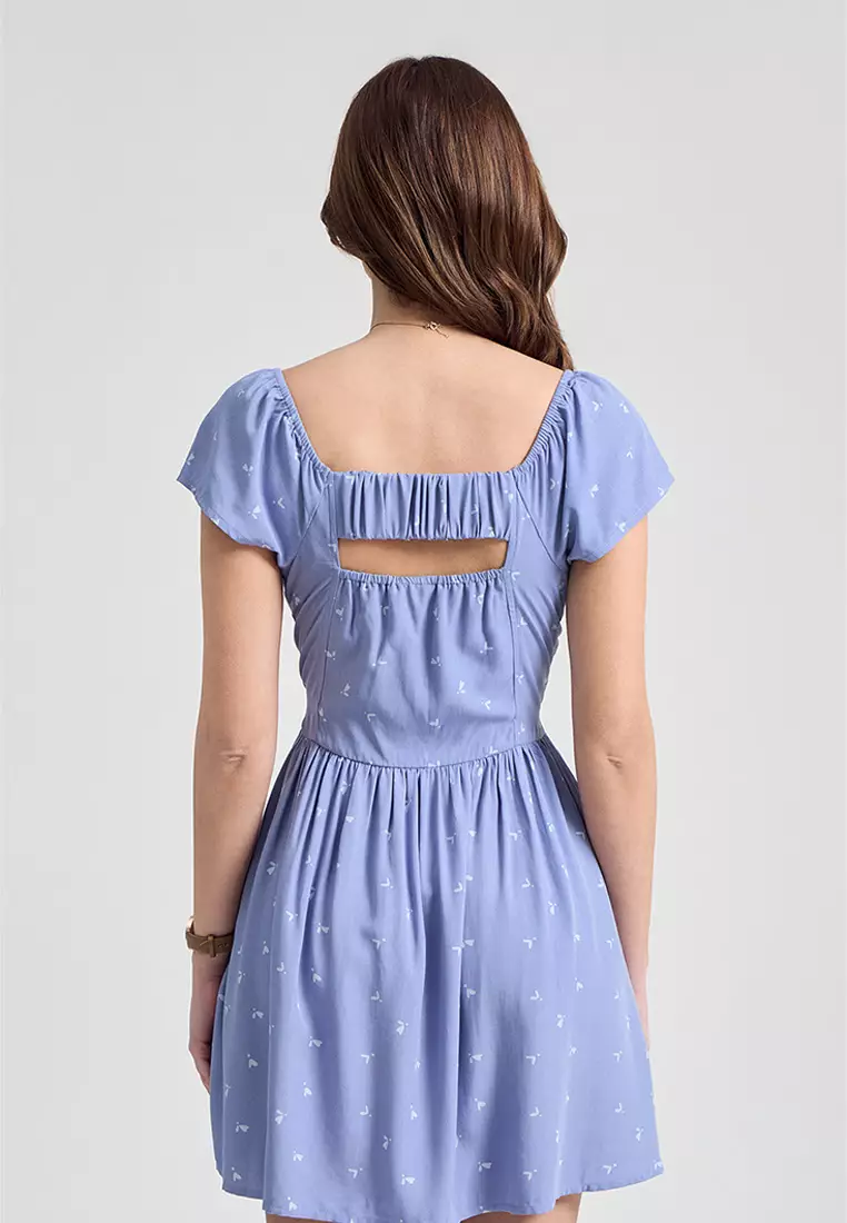 Square Neck Printed Mini Dress with Open Back Detail