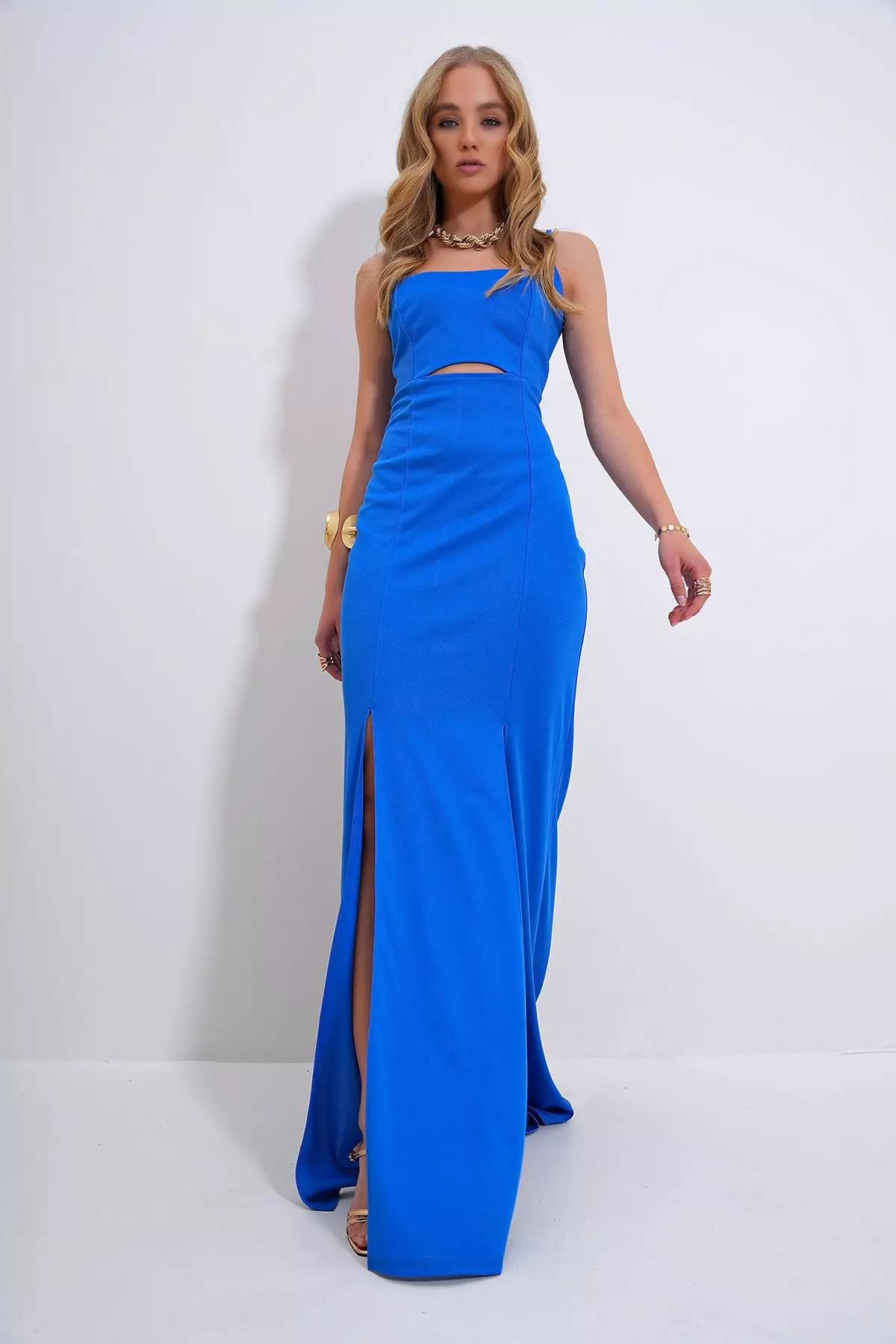 Women's Blue Adjustable Strap Out Cut Slit Graduation Dress