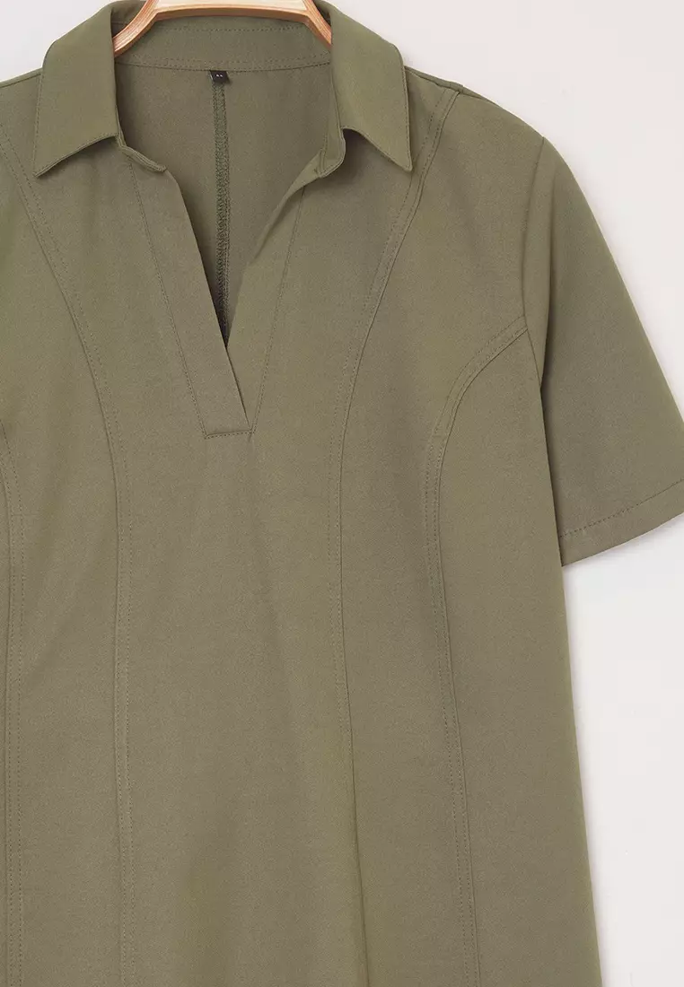 Khaki Gabardine Woven Mini Plus Size Dress Tbbss25Ah00205