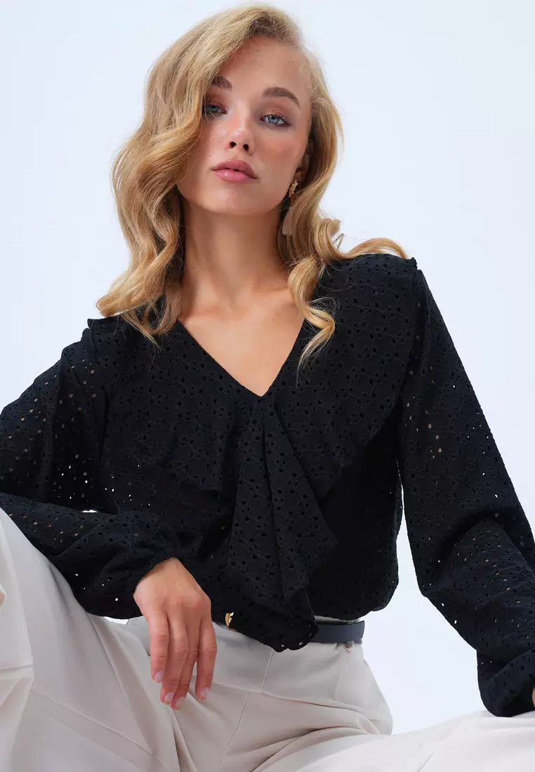 V-Neck Ruffle Front Blouse