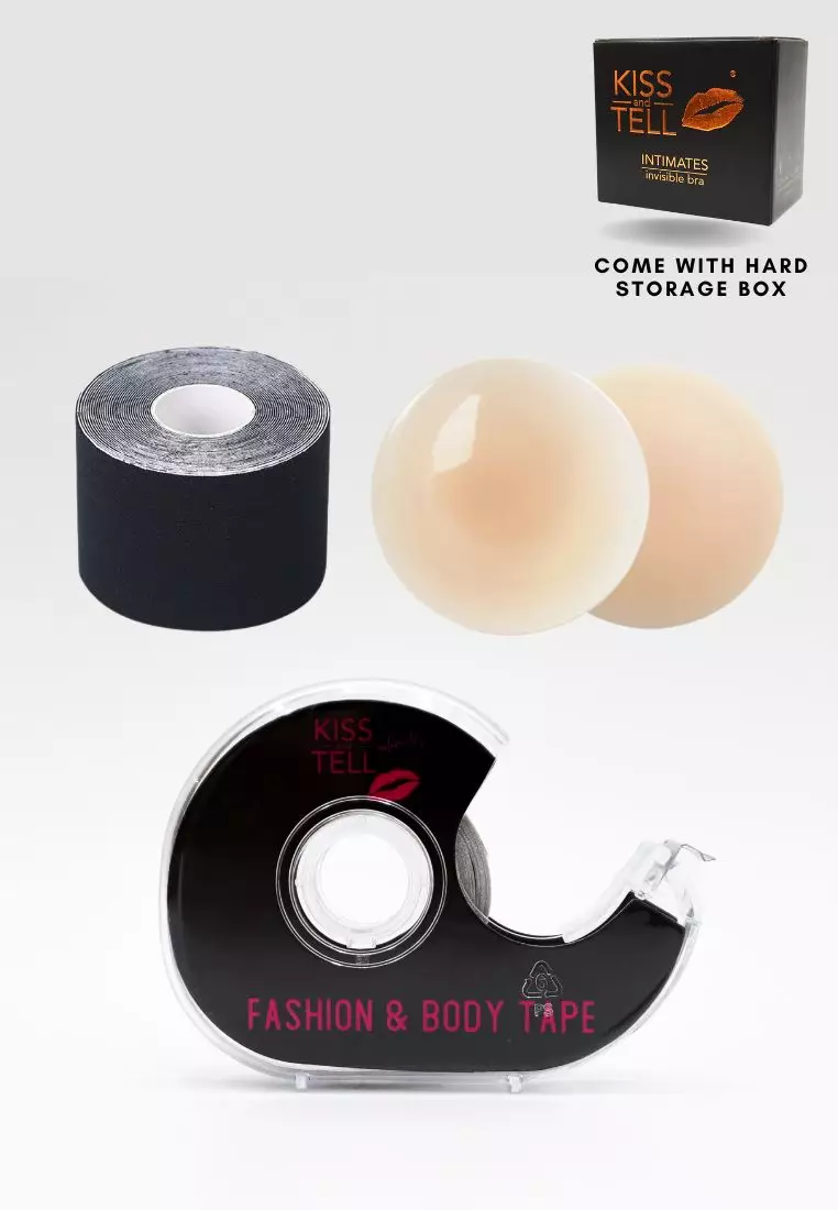 Premium Non Adhesive Nipple Cover + 5cm Body Tape Roll + Clothes Tape Lingerie in Black