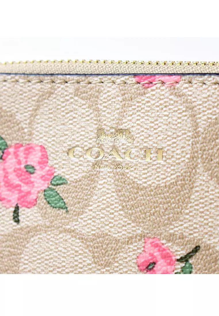 Corner Zip Wristlet In Signature Canvas With Floral Print - Light Brown