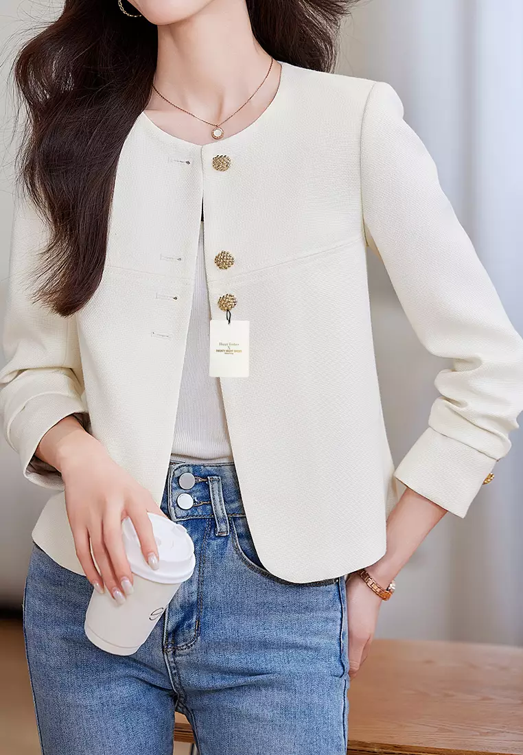 Cropped Round Neck Suit Jacket YGH-EY8931