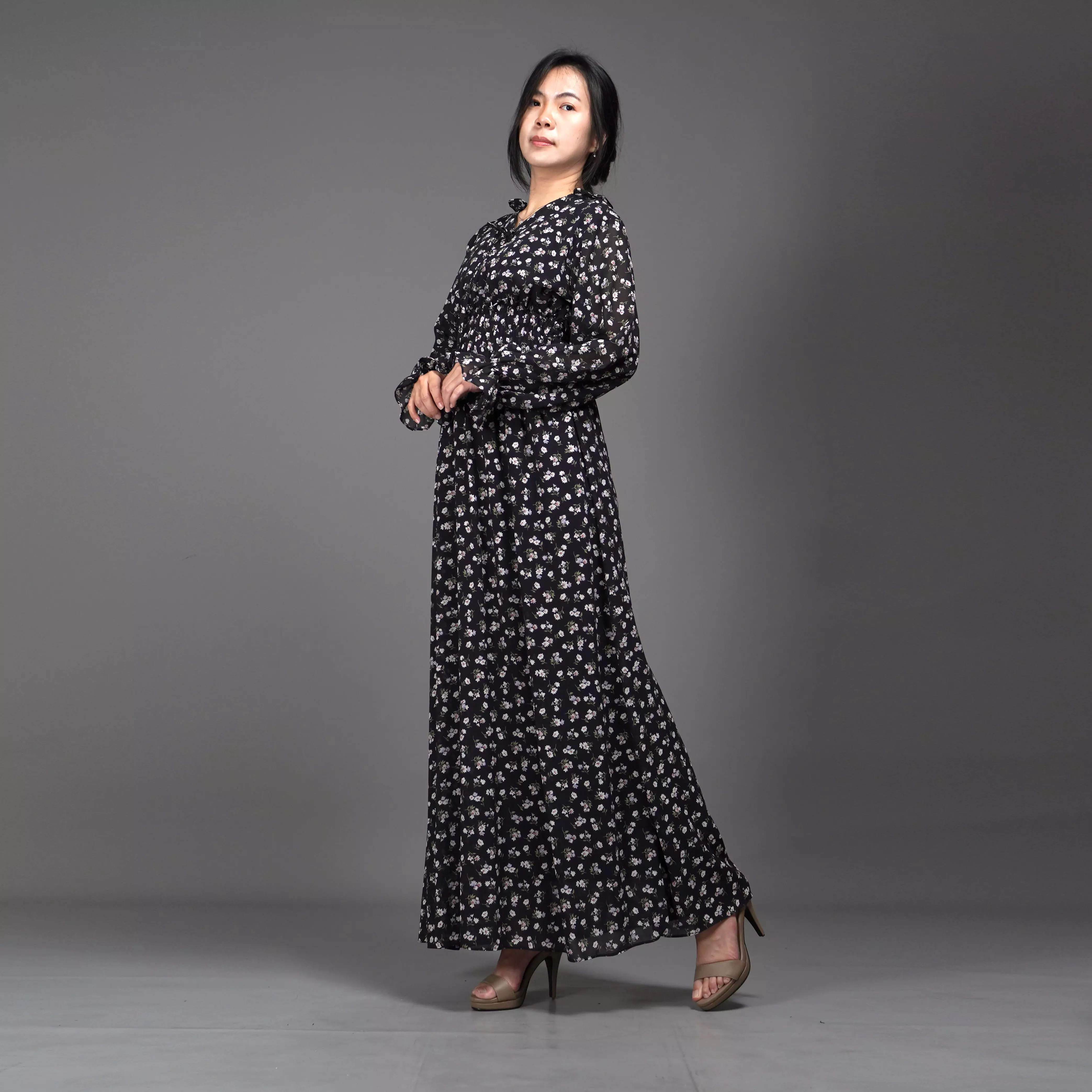  Dress SHALMA Long Dress Sifon Gaun Panjang Gaya Korea - Hitam