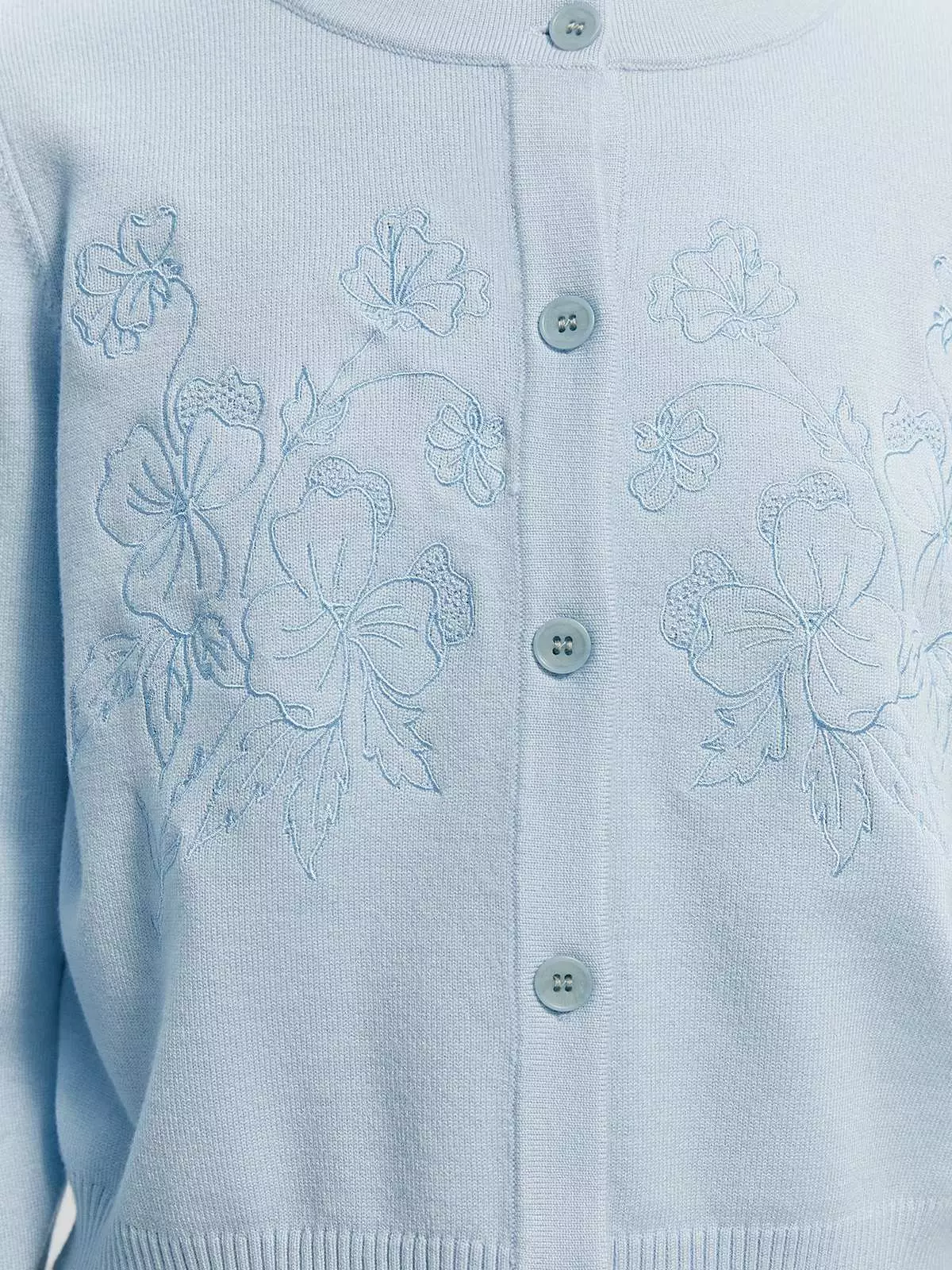 Floral-Embroidered Cardigan - Baby Blue
