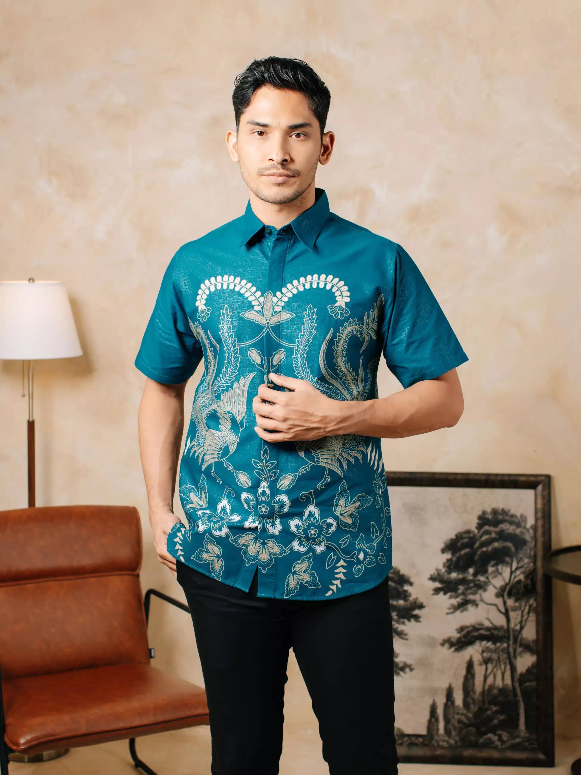 Avana by Adyatma Aria Turquise Kemeja Batik Slim Fit Tricot Pria Katun Foil
