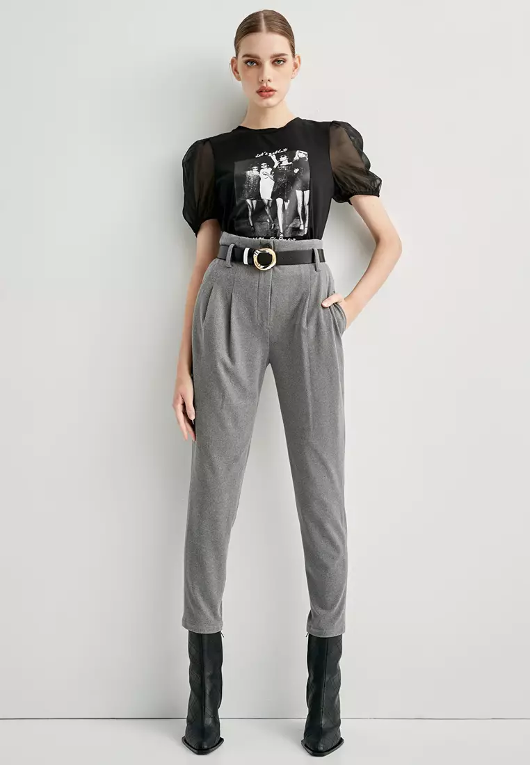 Grey Boyfriend Pants With Fold Over Cuffs