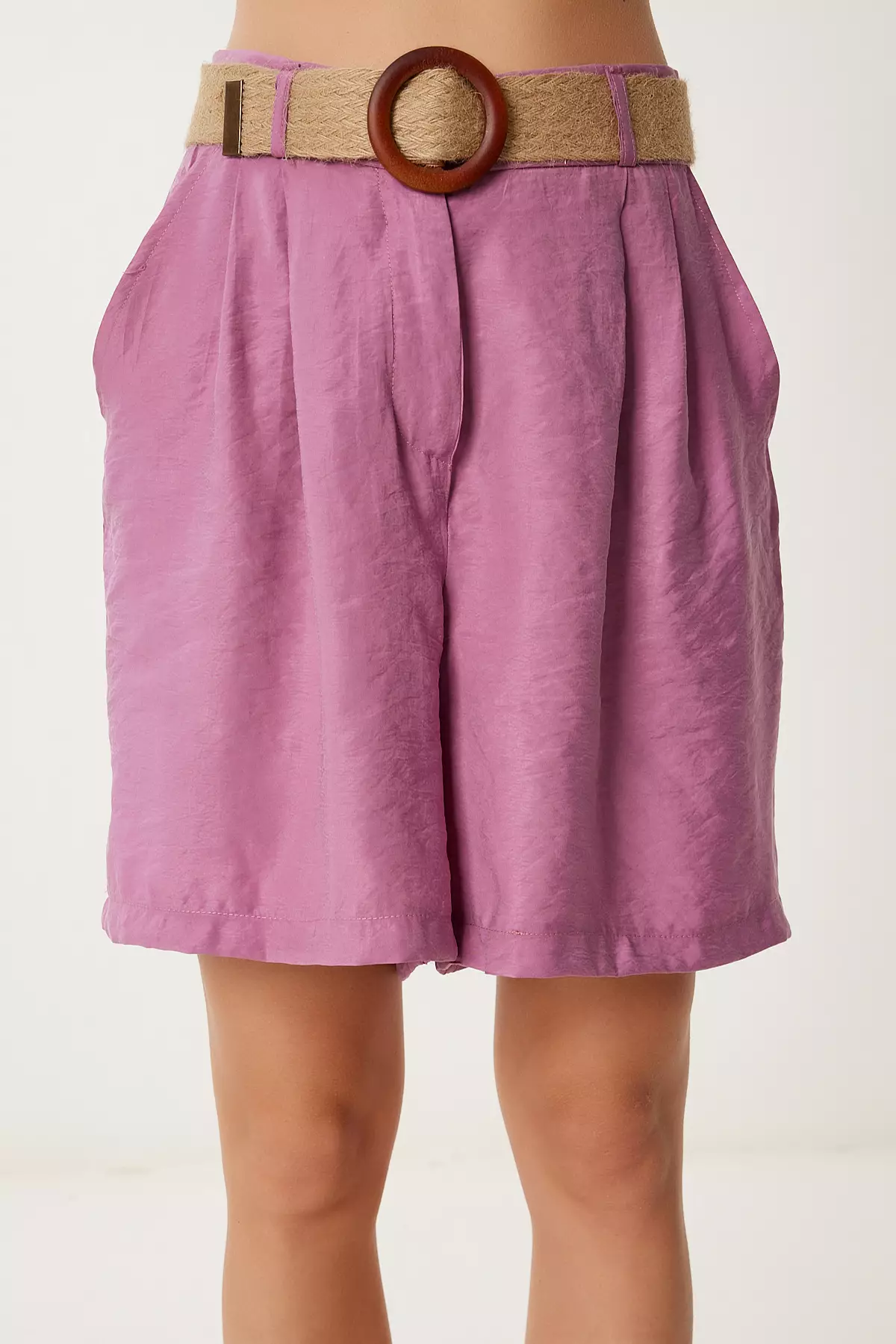 Women's Lilac Straw Belt City Size Ayrobin Bermuda Shorts Dp00258
