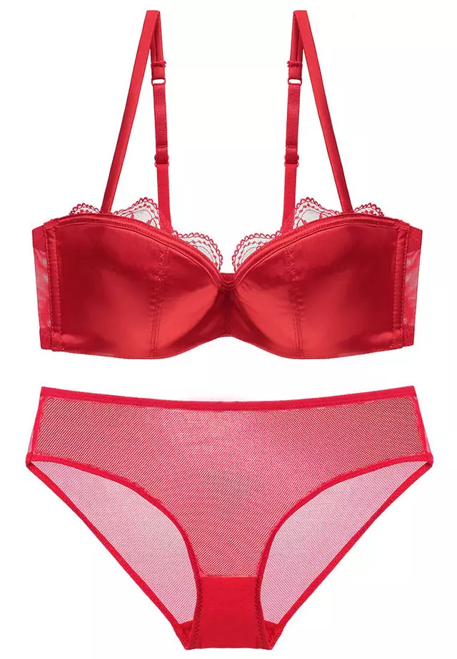Sunnydaysweety Lace Satin Thin Seamless Bra with Panty Set CA123113RD