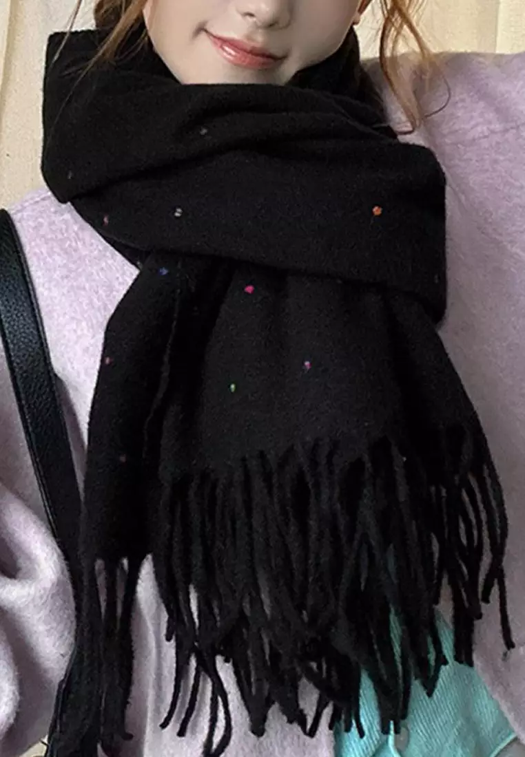 Aksesoris Wanita Polka Dots Cashmere Pashmina Syal Wanita Tebal Kasmir Black