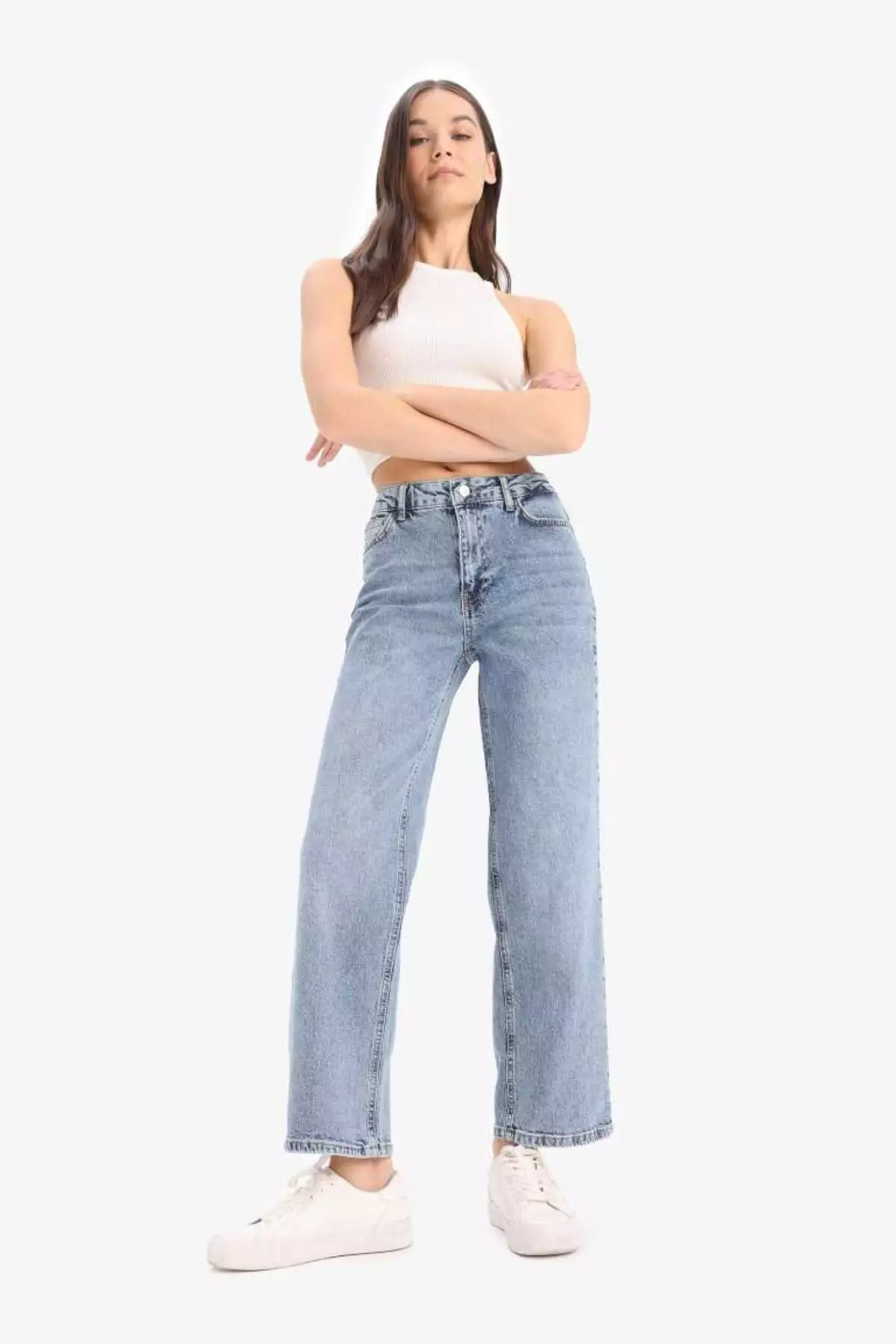 Comfort Straight High Waist Ankle Length Jean Washed Trousers D8155Ax25Sm
