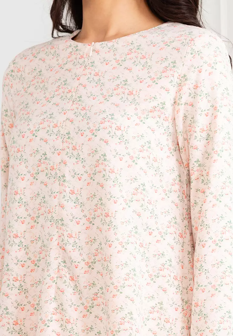 Peach Fuzz Pink Floral Zip Front Kurung Kedah Kain Lipat Depan