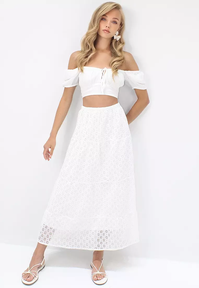 Flounce Guipure Midi Skirt