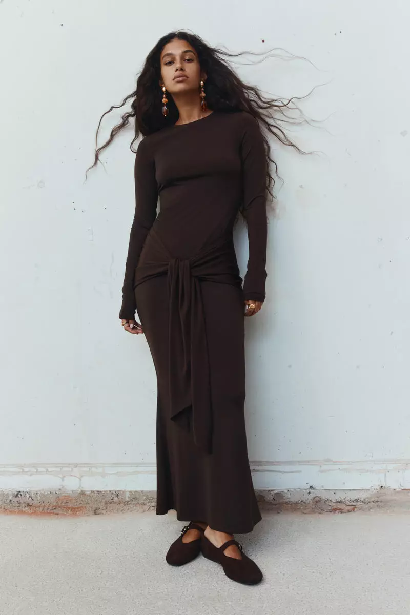 h&m brown long sleeve dress Women's Brown Rib-Knit Dress