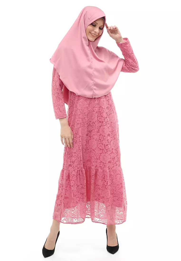 Aisyah Gamis Muslimah Wanita Motif Kebaya Long Sleeve Relaxed Fit - Pink