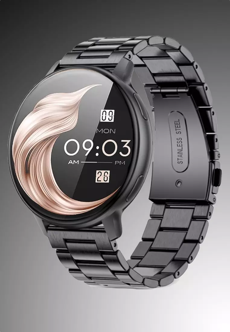 Unisex Round Smart Watch - 1.39 inch Large HD Screen - IP Black with Stainless Steel Bracelet + 1 Free Rubber Strap - Black