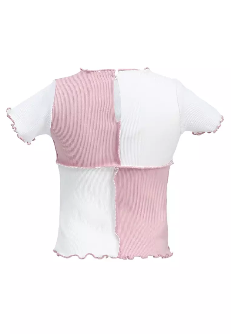 Octavia Top Blouse Anak Perempuan Desain Kombinasi Warna Atasan Lengan Pendek Material Knit ORIGINAL - Baby Pink
