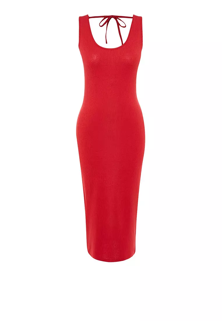 Red ribbed midi on sale dress