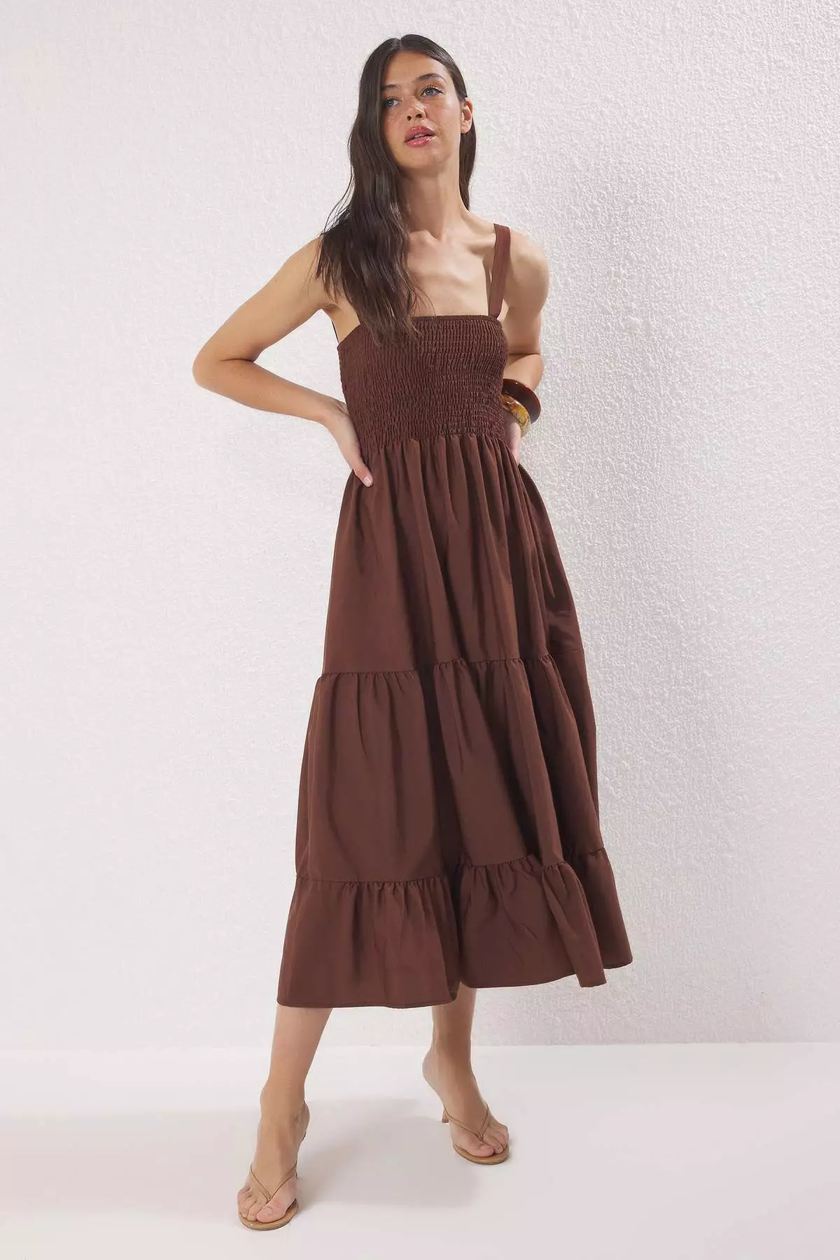 Brown Plain A-Line Square Neck Lined Maxi Woven Dress TWOSS24EL01052