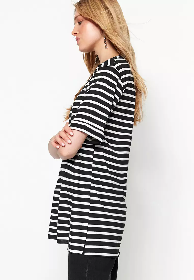 Stripe Pattern T-Shirt with Slit Detail