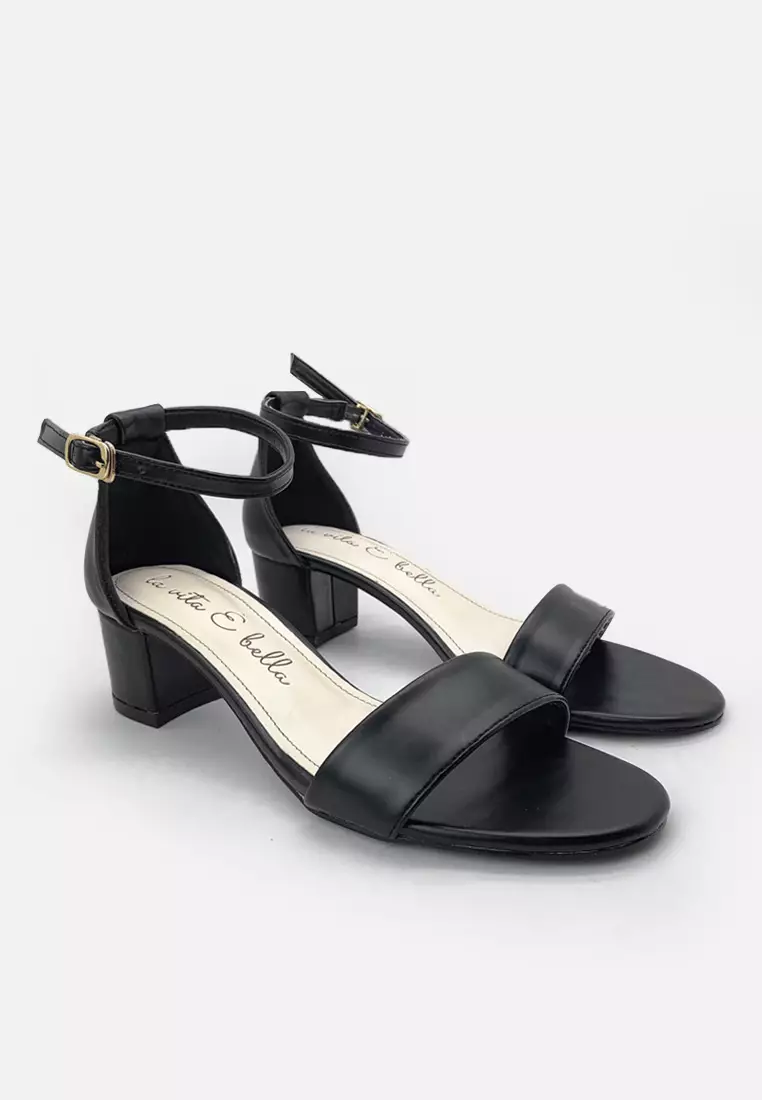 Chloe Ankle Strap Block Heels Wanita Vegan Leather